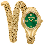 Just Cavalli Twined Green Dial Gold Steel Strap Watch for Women - JC1L305M0035