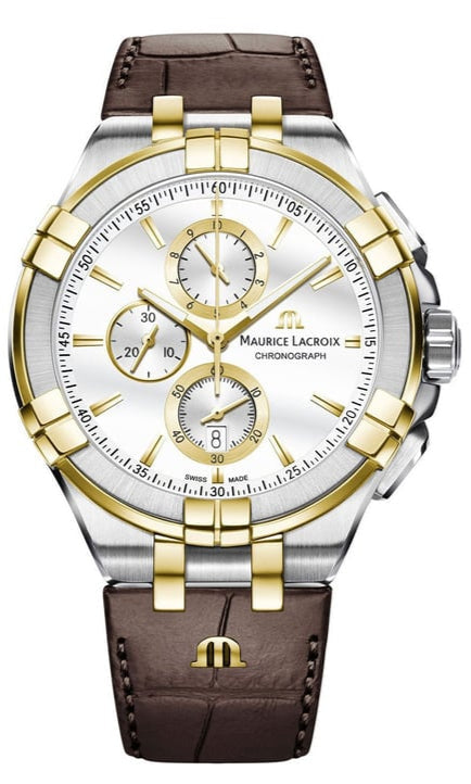 Maurice Lacroix Aikon Chronograph White Dial Brown Leather Strap Watch For Men - AI1018-PVY11-132-1