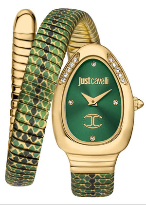 Just Cavalli Pelle Solo Snake Green Dial Three Tone Steel Strap Watch for Women - JC1L251M0035