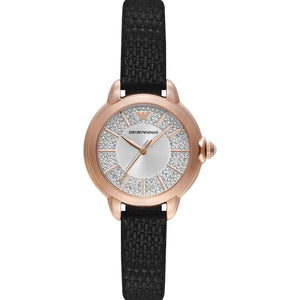 Emporio Armani Mia Three Hand Crystals Silver Dial Black Leather Strap Watch For Women - AR11631