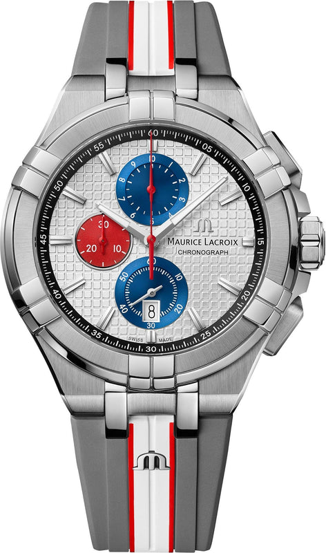 Maurice Lacroix Aikon Chronograph Special Edition Mahindra Racing Silver Dial Grey Rubber Strap Watch for Men - AI1018-TT031-130-2