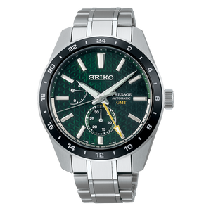 Seiko Presage Sharp Edged Series GMT Green Dial Silver Steel Strap Watch For Men - SPB219J1