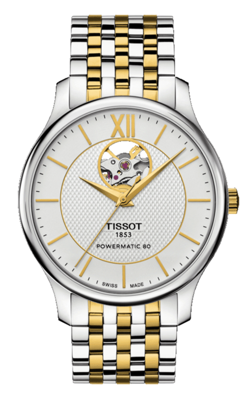 Tissot Tradition Powermatic 80 Open Heart Silver Dial Two Tone Steel Strap Watch For Men - T063.907.22.038.00