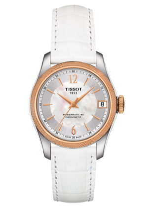 Tissot T-Classic Powermatic 80 Mother of Pearl Silver Dial White Leather Strap Watch For Women - T108.208.26.117.00