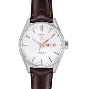Tag Heuer Carrera Calibre 5 Automatic White Dial Brown Leather Strap Watch for Men - WAR201D.FC6291