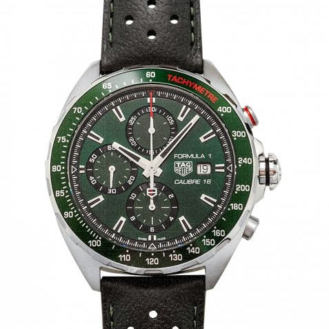 Tag Heuer Formula 1 Calibre 16 Automatic Chronograph Green Dial Black Leather Strap Watch for Men - CAZ2016.FC6473