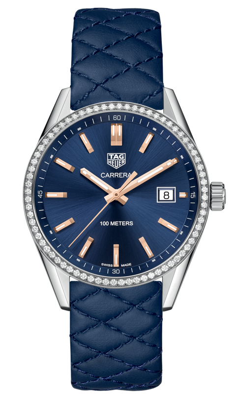 Tag Heuer Carrera Quartz Diamonds Blue Dial Blue Leather Strap Watch for Women - WAR1114.FC6391