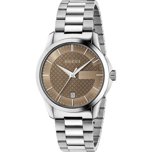 Gucci G Timeless Brown Dial Silver Steel Strap Watch For Men - YA126445