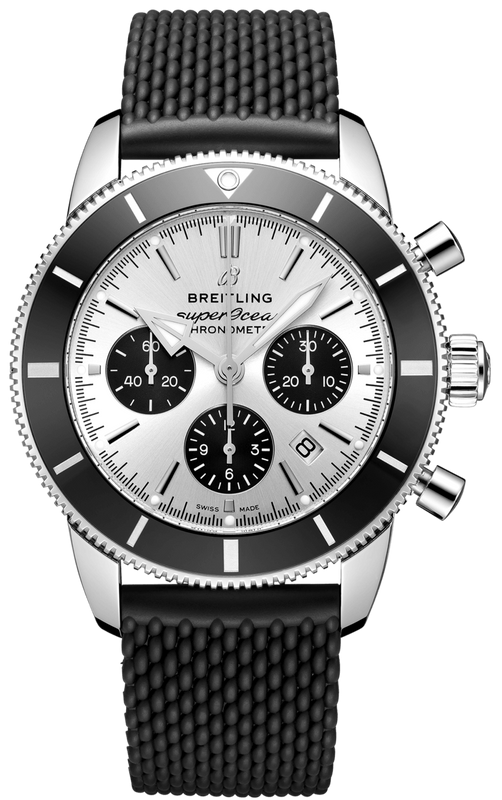 Breitling Superocean Heritage B01 Chronograph 44 Silver Dial Black Mesh Bracelet Watch for Men - AB0162121G1S1