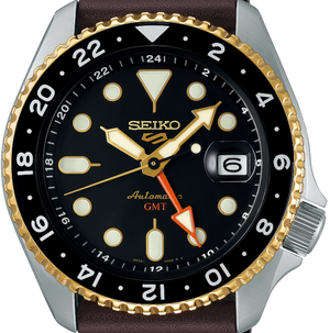 Seiko 5 Sports SKX GMT Automatic Mocha Black Dial Brown Leather Strap Watch For Men - SSK036K1