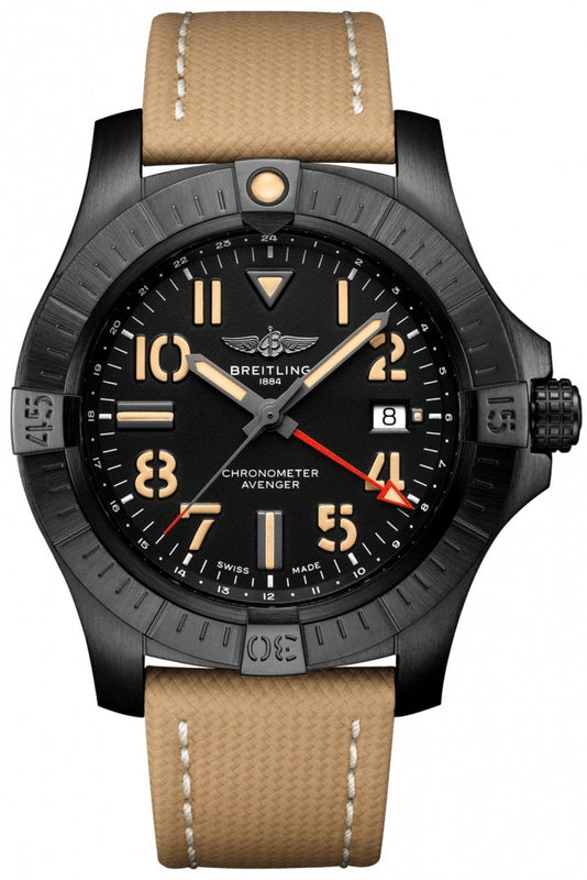 Breitling Avenger Automatic GMT 45 Black Dial Brown Nylon Strap Watch for Men - V32395101B1X1