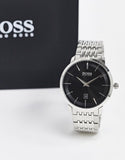 Hugo Boss Officer Black Dial Silver Steel Strap Watch for Men - 1513614