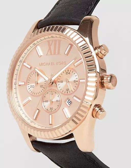 Michael Kors Lexington Chronograph Rose Gold Dial Black Leather Strap Watch For Men - MK8516