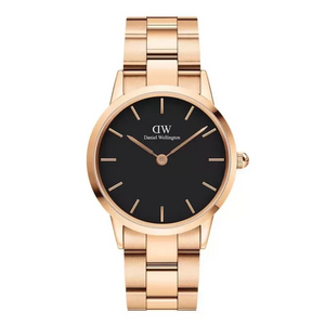 Daniel Wellington Iconic Link Black Dial Rose Gold Steel Strap Watch for Women - DW00100210