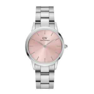 Daniel Wellington Iconic Pink Dial Silver Steel Strap Watch For Women - DW00100329
