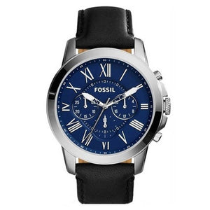 Fossil Grant Chronograph Blue Dial Black Leather Strap Watch for Men - FS4990