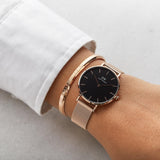 Daniel Wellington Classic Melrose Black Dial Rose Gold Mesh Bracelet Watch For Women - DW00100161