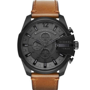 Diesel Mega Chief Chronograph Grey Dial Brown Leather Strap Watch For Men - DZ4463