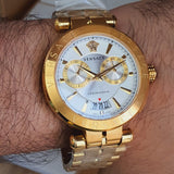 Versace V Racer Chronograph White Dial Gold Steel Strap Watch for Men - VBR060017