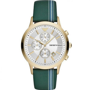 Emporio Armani Renato Chronograph Silver Dial Green Leather Strap Watch For Men - AR11233