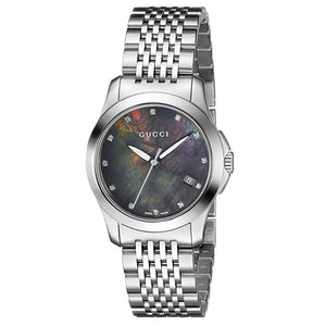 Gucci G Timeless Diamonds Mother of Pearl Black Dial Silver Steel Strap Watch For Women - YA126505