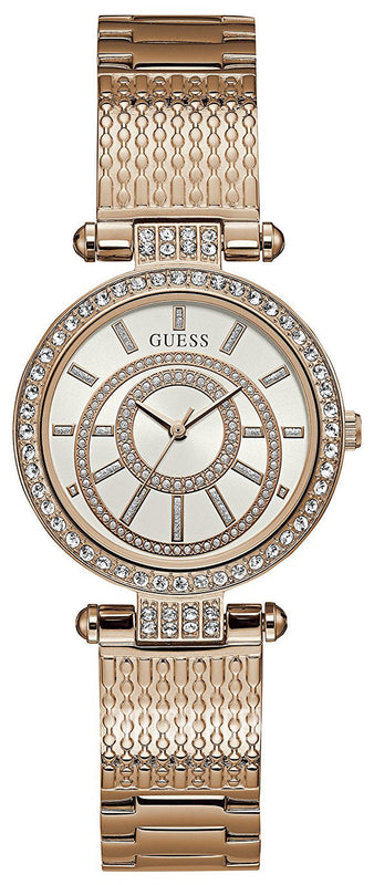 Guess Muse Quartz Silver Dial Rose Gold Steel Strap Watch For Women - W1008L3