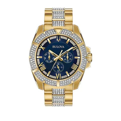 Bulova Crystal Collection Blue Dial Gold Steel Strap Watch for Men - 98C128