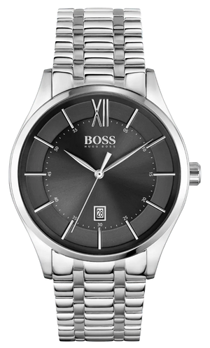 Hugo Boss Officer Black Dial Silver Steel Strap Watch for Men - 1513614