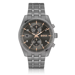 Hugo Boss Skytraveller Chronograph Gunmetal Grey Dial Grey Steel Strap Watch for Men - 1514153