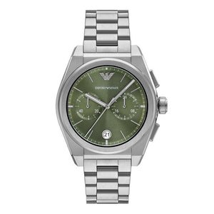 Emporio Armani Federico Chronograph Green Dial Silver Steel Strap Watch for Men - AR11640