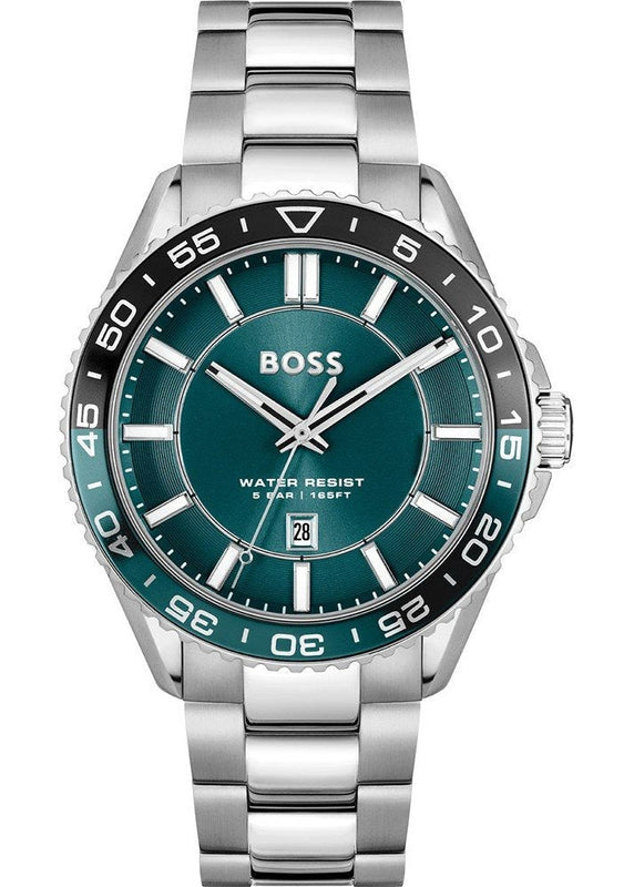 Hugo Boss Runner 3H Green Dial Silver Steel Strap Watch for Men - 1514208