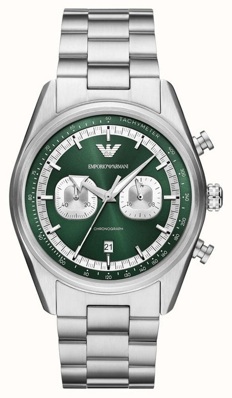 Emporio Armani Racer Chronograph Green Dial Silver Steel Strap Watch for Men - AR11637
