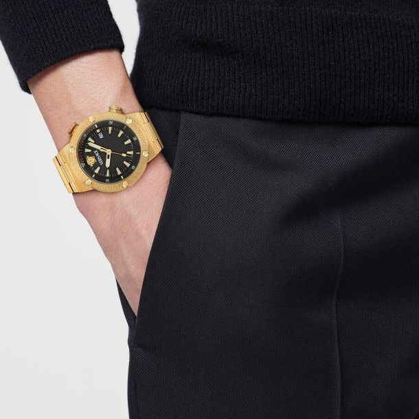 Versace Greca Logo Quartz Black Dial Gold Steel Strap Watch for Men - VE8G00624