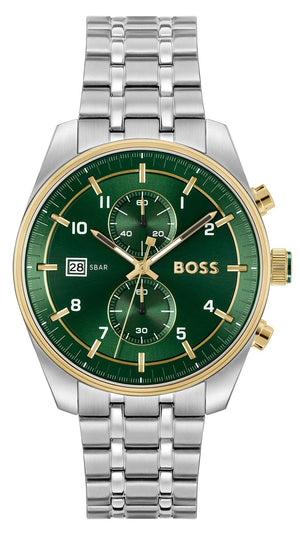 Hugo Boss Skytraveller Chronograph Green Dial Silver Steel Strap Watch for Men - 1514195