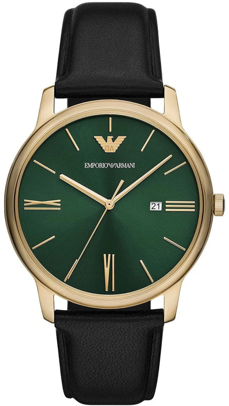 Emporio Armani Minimalist Green Dial Black Leather Strap Watch for Men - AR11601