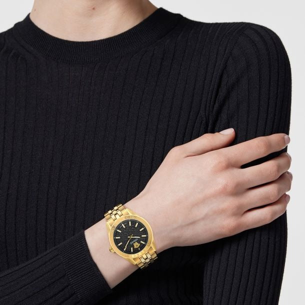 Versace V-Code Quartz Black Dial Gold Steel Strap Watch for Women - VE8I00724