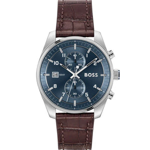 Hugo Boss Skytraveller Chronograph Blue Dial Brown Leather Strap Watch for Men - 1514194