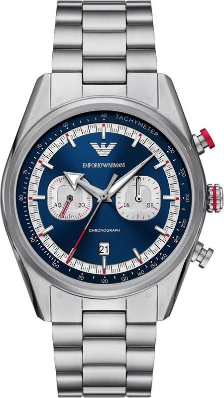 Emporio Armani Racer Chronograph Blue Dial Silver Steel Strap Watch for Men - AR11676