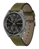Hugo Boss Skytraveller Chronograph Black Dial Green Leather Strap Watch for Men - 1514148