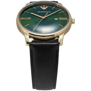Emporio Armani Minimalist Green Dial Black Leather Strap Watch for Men - AR11601