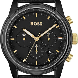 Hugo Boss Trace Chronograph Black Dial Black Leather Strap Watch for Men - 1514003