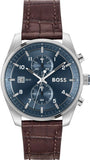 Hugo Boss Skytraveller Chronograph Blue Dial Brown Leather Strap Watch for Men - 1514194