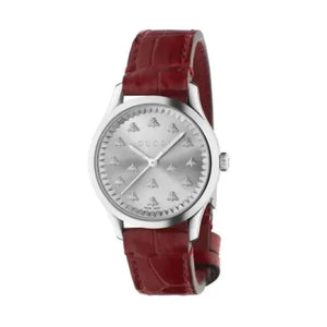Gucci G Timeless Quartz Silver Dial Maroon Leather Strap Watch for Women - YA1265057
