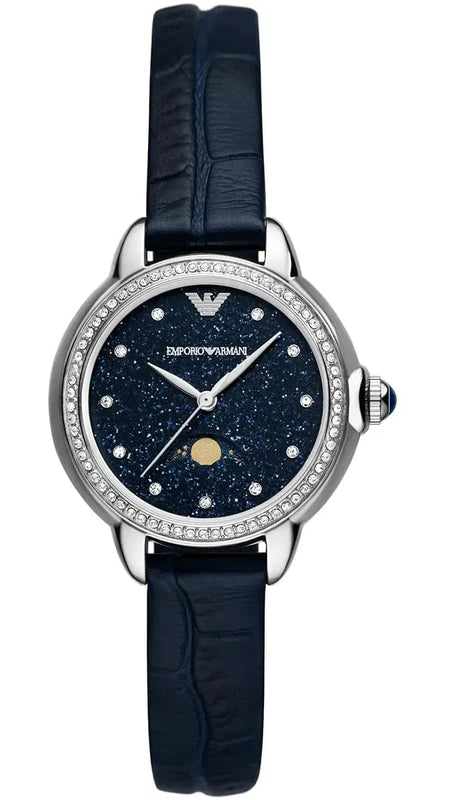 Emporio Armani Mia Moonphase Blue Dial Blue Leather Strap Watch for Women - AR11629