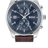 Hugo Boss Skytraveller Chronograph Blue Dial Brown Leather Strap Watch for Men - 1514194