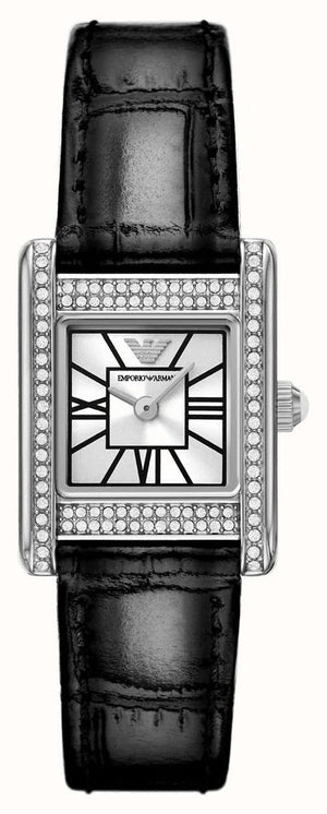 Emporio Armani Classic Crystals Silver Dial Black Leather Strap Watch for Women - AR11660