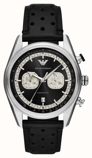 Emporio Armani Racer Chronograph Black Dial Black Leather Strap Watch for Men - AR11635