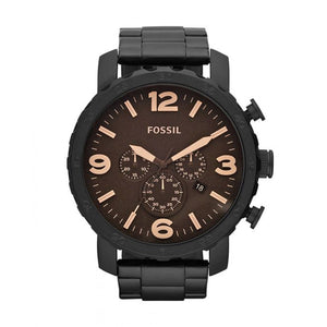 Fossil Nate Chrongraph Ion Plated Black Dial Black Steel Strap Watch for Men - JR1356