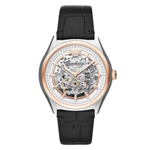Emporio Armani Zeta Skeleton Automatic Silver Dial Black Leather Strap Watch For Men - AR60018