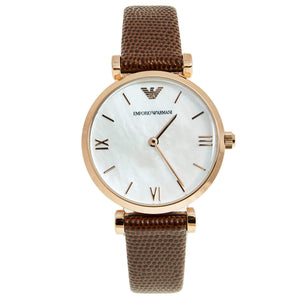 Emporio Armani Meccanico Automatic Silver Dial Red Leather Strap Watch For Women - AR60044